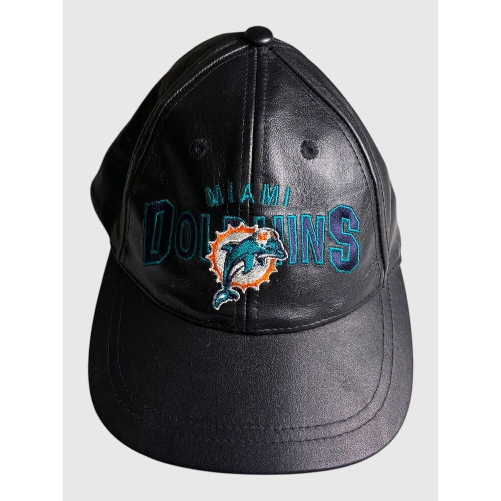 Vintage Miami Dolphins NFL Black Faux Leather Strapback Hat